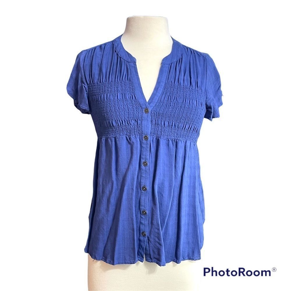 Knox Rose Baby Doll Blue Shirt Top Blouse Button Front Elastic Waist Size S